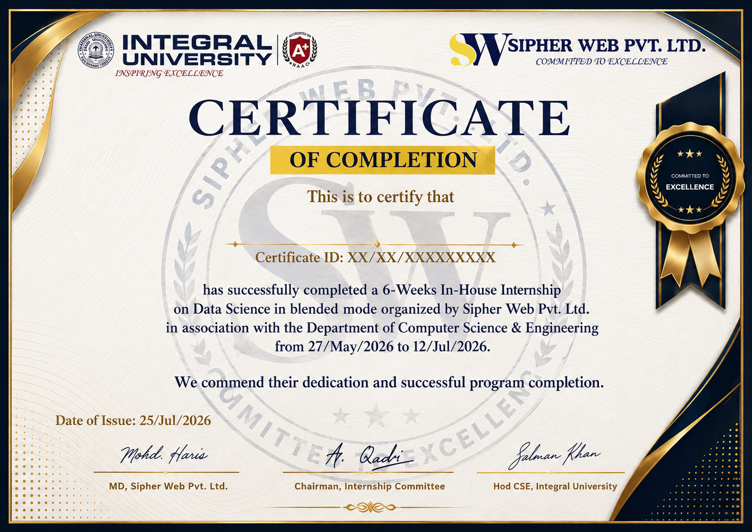 Sample Sipher Web Academy certificate of completion, issued in association with Integral University
